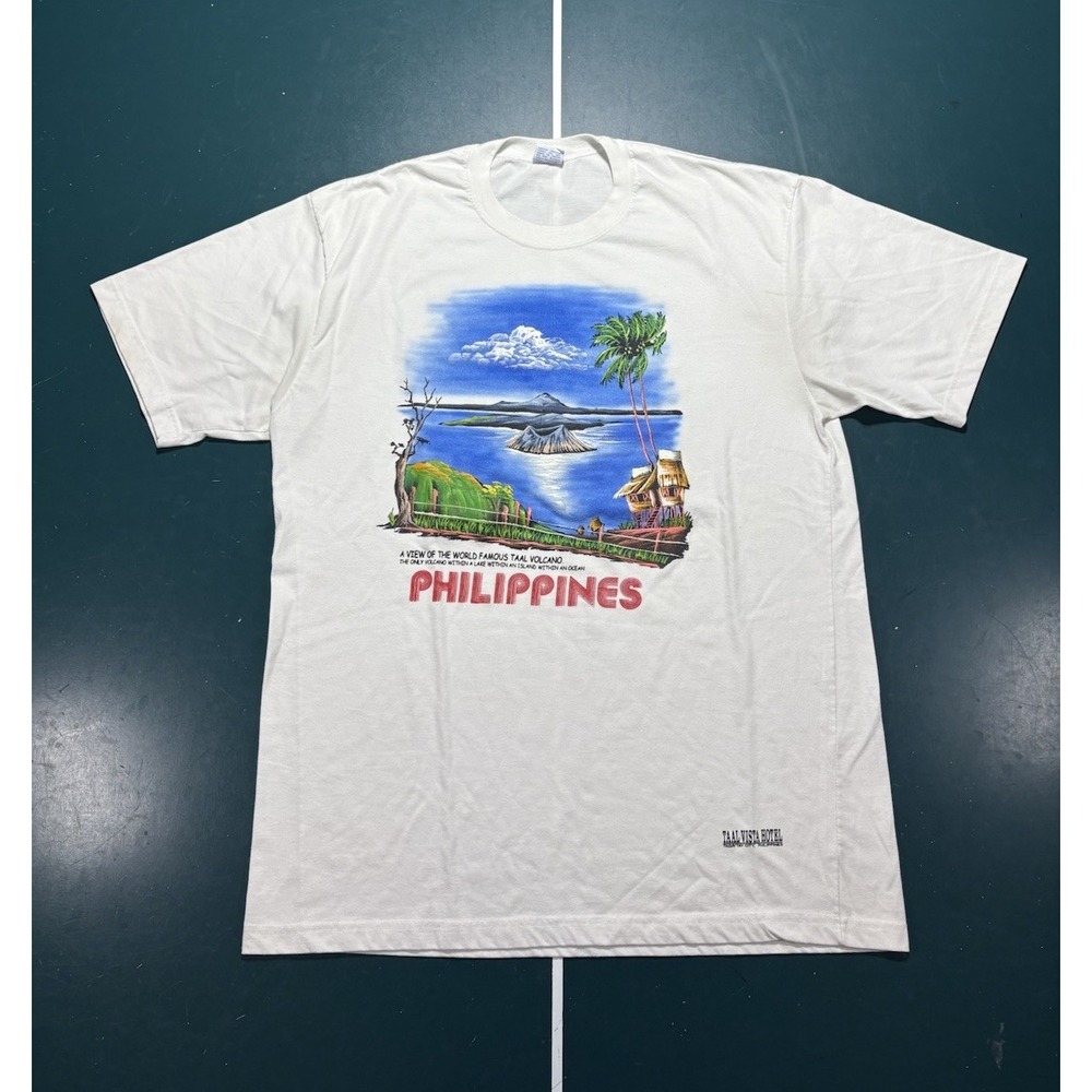 Vintage Philippines Dibuho Hand Painted T Shirt Mens XL Taal Volcano Graphic 90s